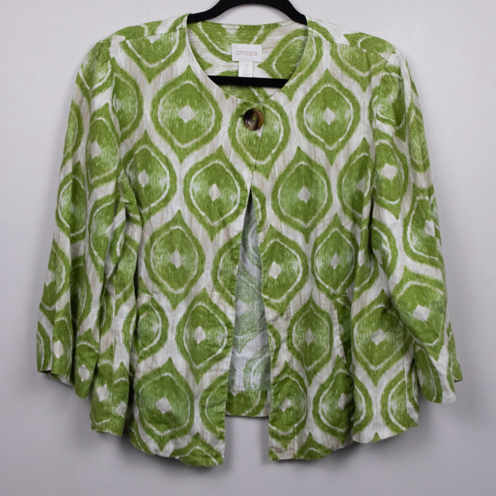 Chico's Modern Ikat-Printed green linen jacket-2
